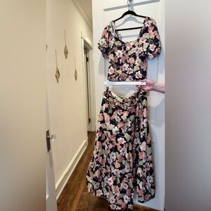 Floral Midi Wrap Skirt - Black with Pink & Green Floral